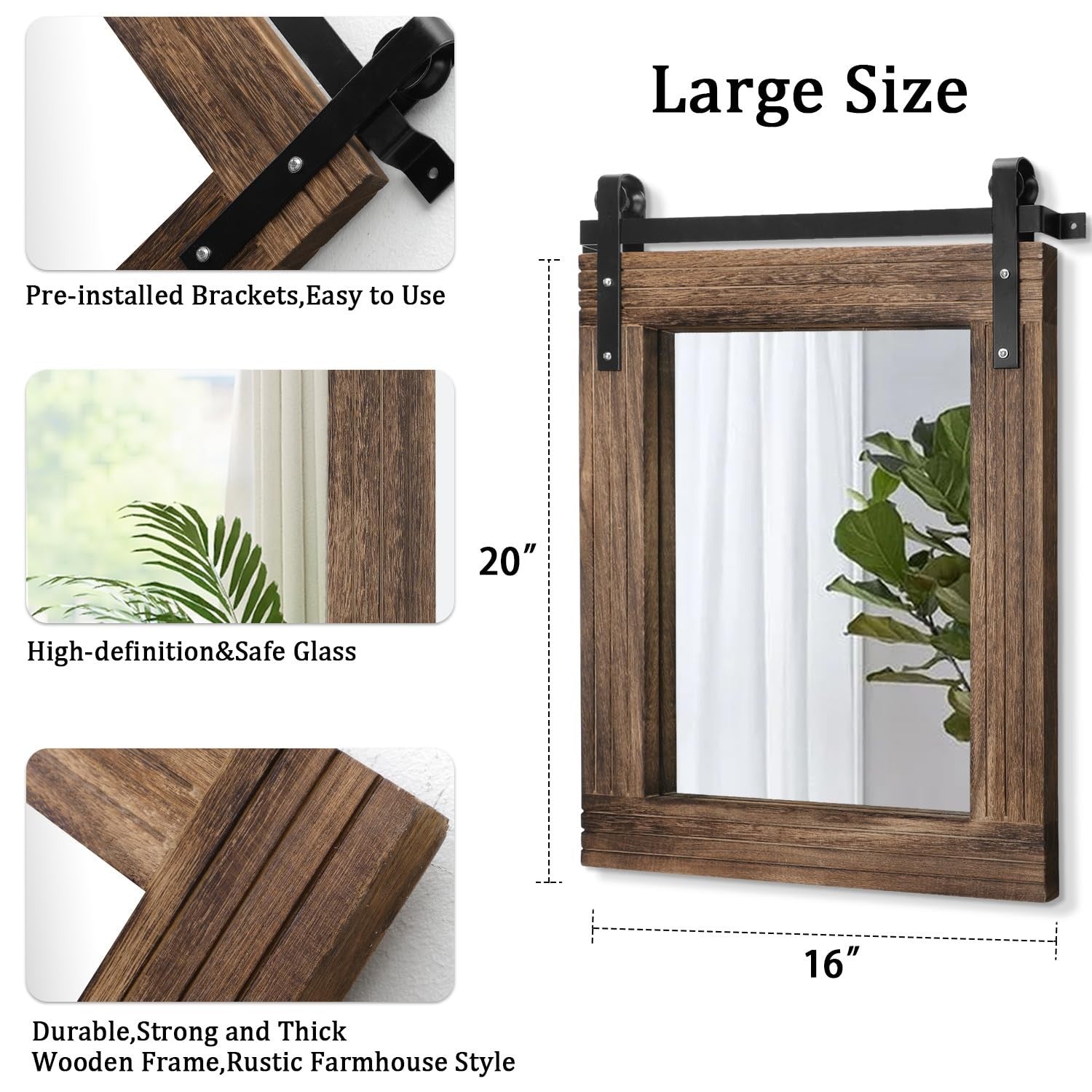 Rustic Barn Door Wall Mirror - Large 20"x16" Wood Framed Decorative Mirror for H2