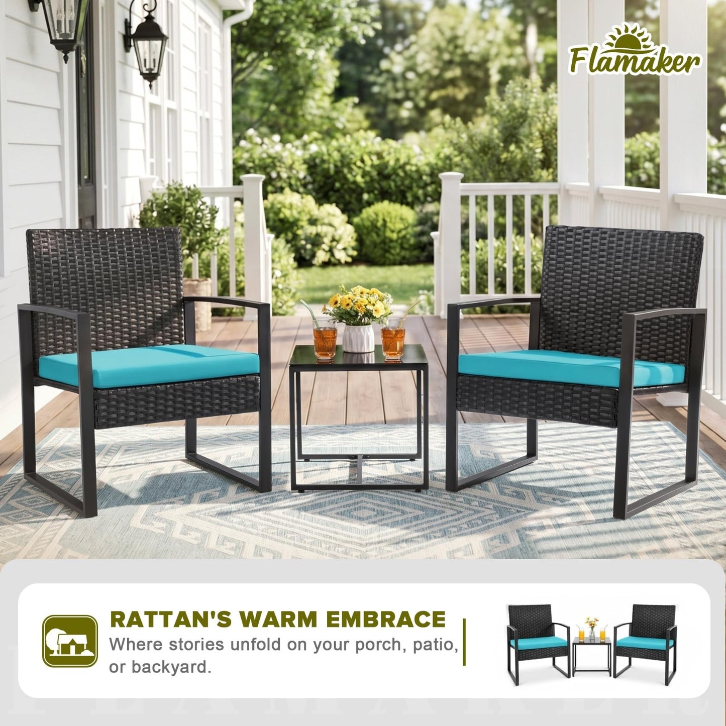 3 Piece Outdoor Wicker Patio Furniture Set | Modern Bistro Chairs & Coffee Table2