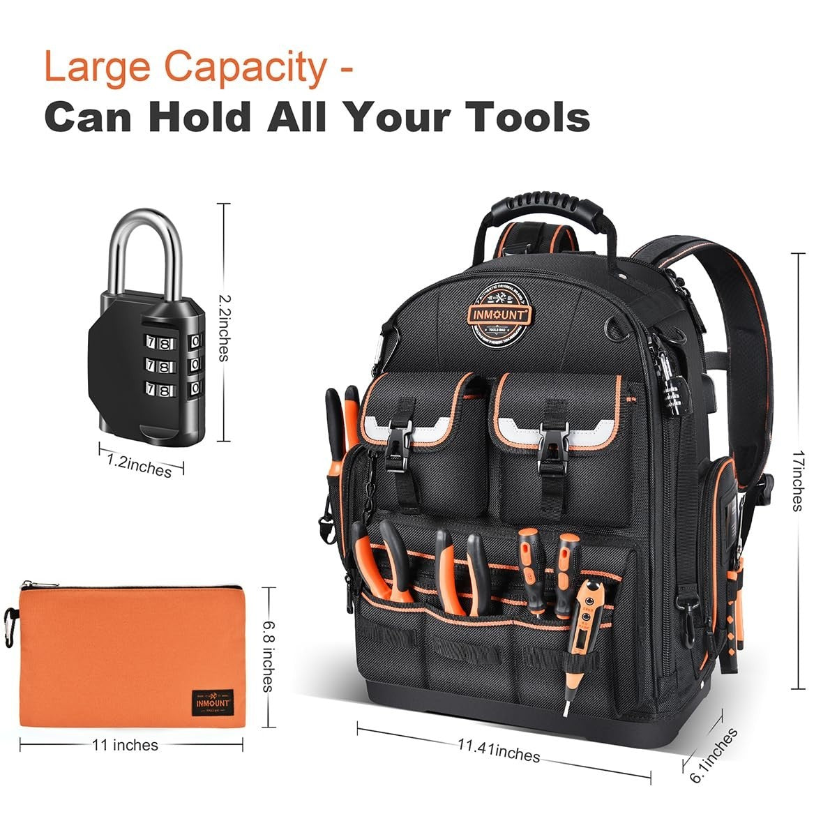 Heavy Duty Tool Backpack with 2 Small Bags, Molded Base, Laptop Compartment, Wat2