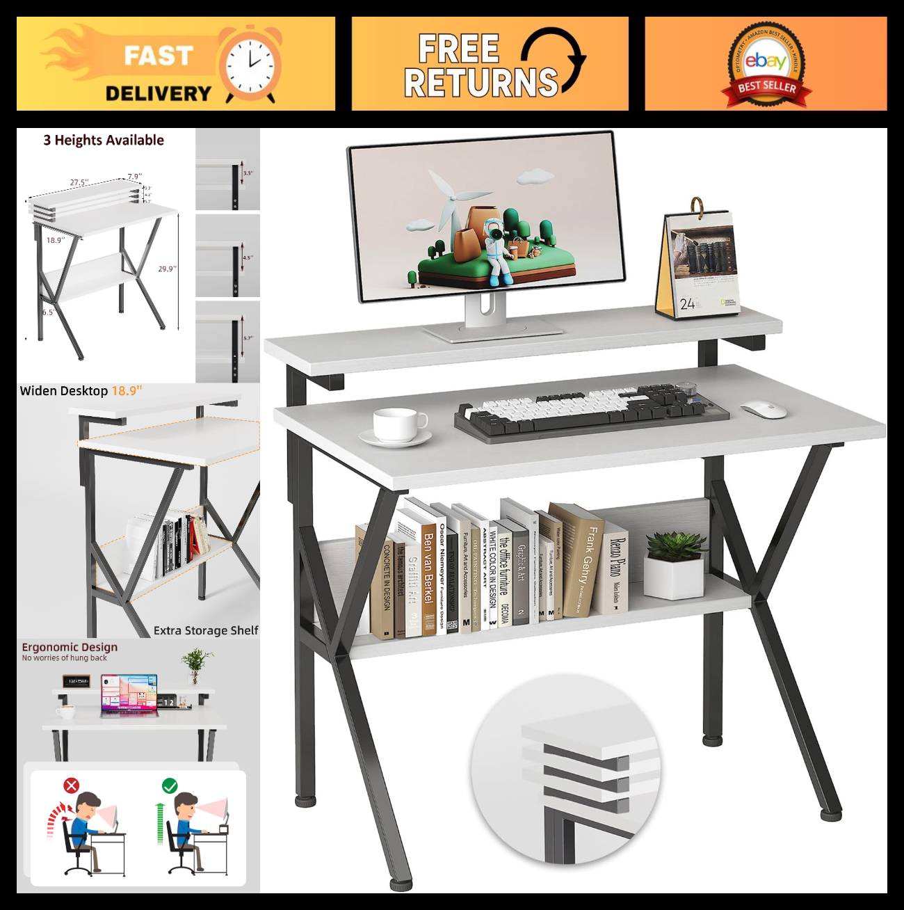 Compact 27.5" Computer Desk with Adjustable Monitor Stand & Storage - White/Blac0
