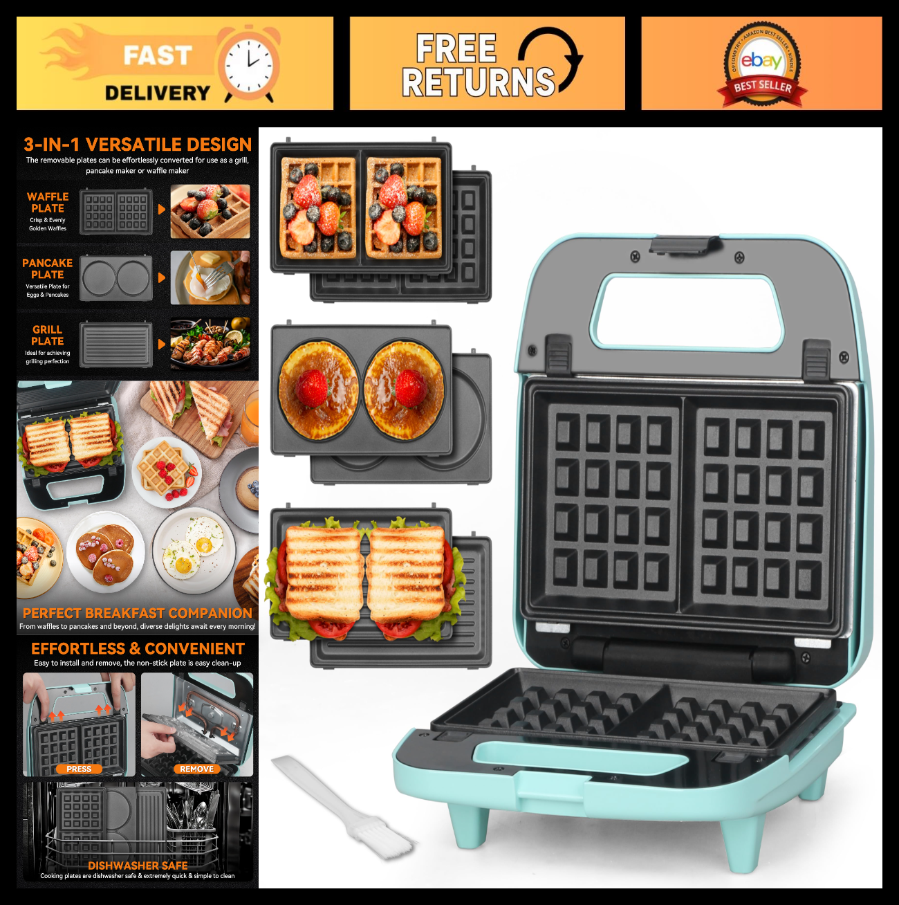 Mini Waffle Maker 3-in-1 with Removable Plates, Pancake & Sandwich Press, Indoor0