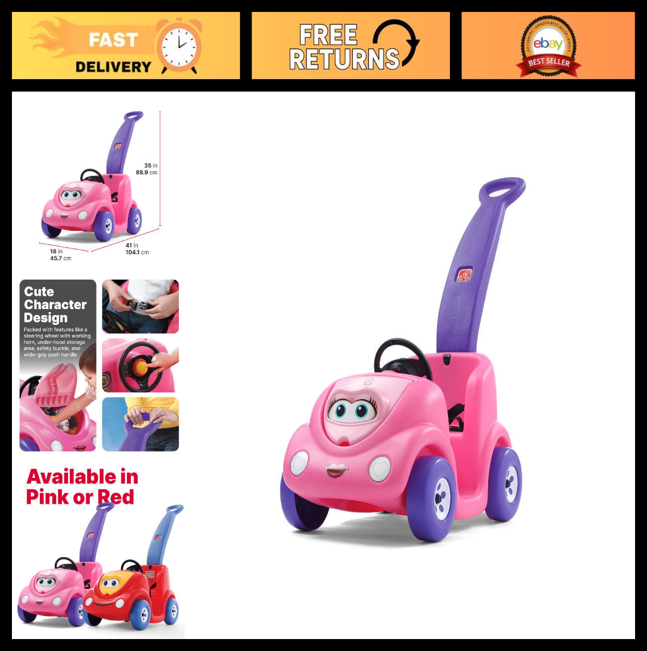 Kids Push Car Ride-On Toy with Seat Belt & Horn, Durable Plastic, Max 50 lbs, Pi0
