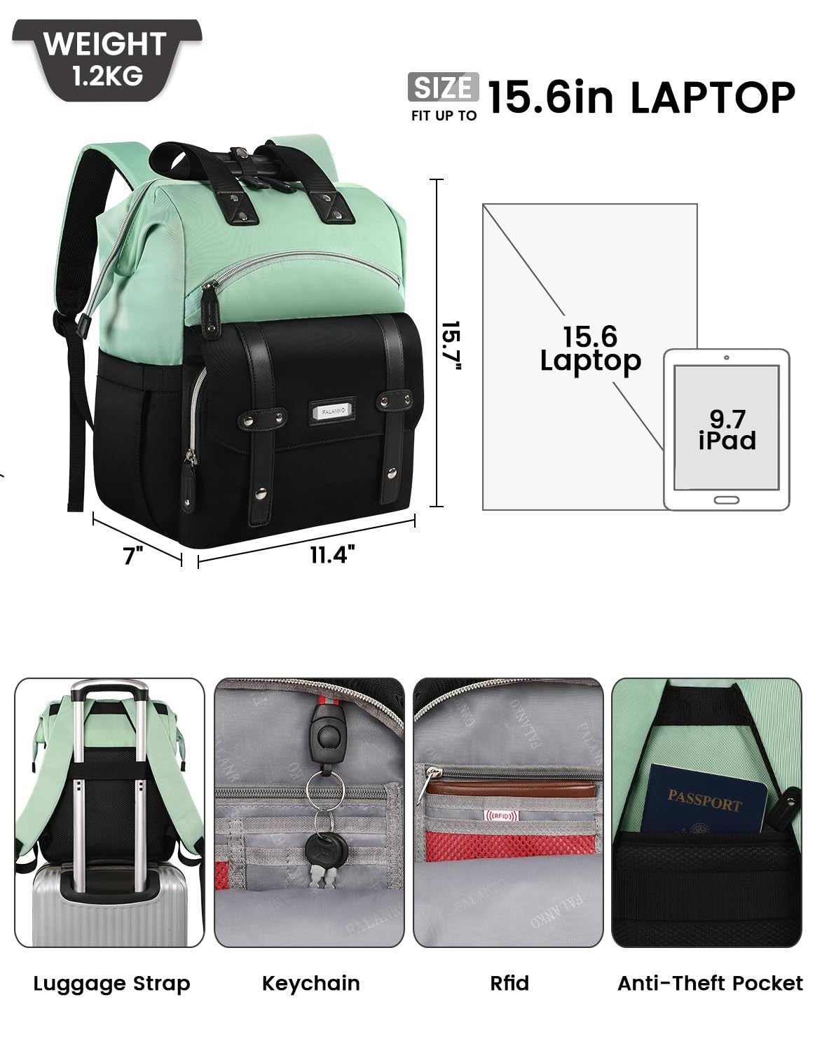 Stylish Anti Theft Laptop Backpack for 15.6" Laptops, Travel & College Use, Gree2