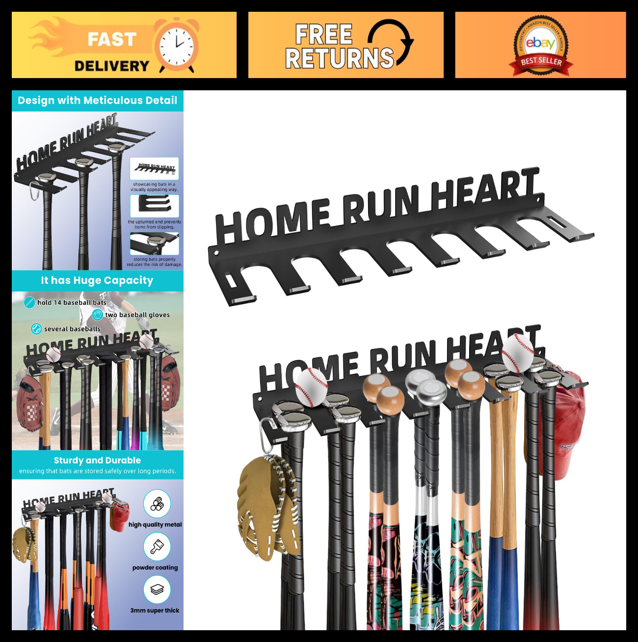Heavy Duty Metal Baseball Bat Storage Rack Wall Mount   Holds 14 Bats, Sports Or0