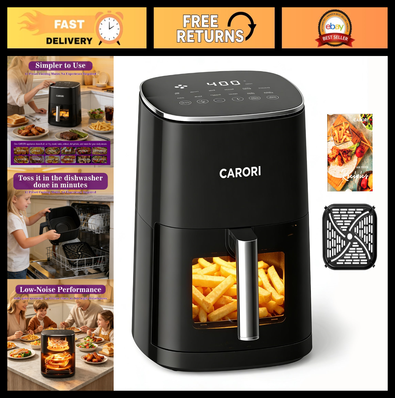 6Qt Air Fryer with Viewing Window, 12 Presets, 1700W, Nonstick Basket, Large Cap0