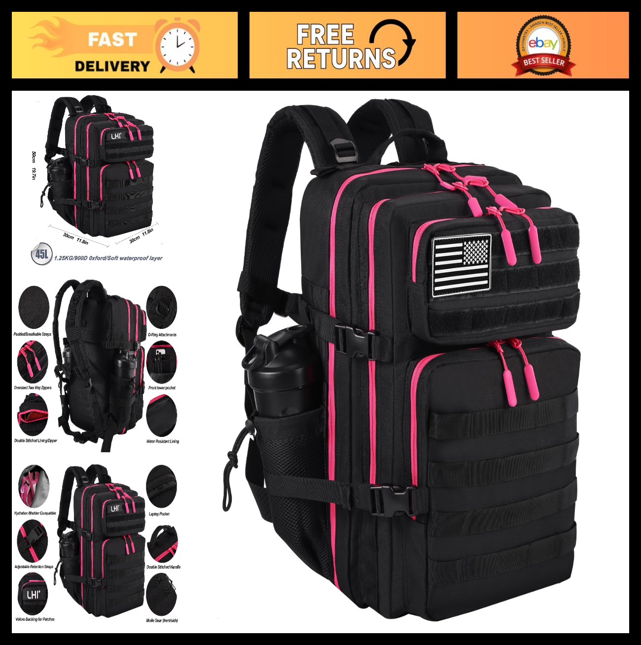 Tactical Military Backpack 45L   3 Day Assault Rucksack with Molle System, Black0