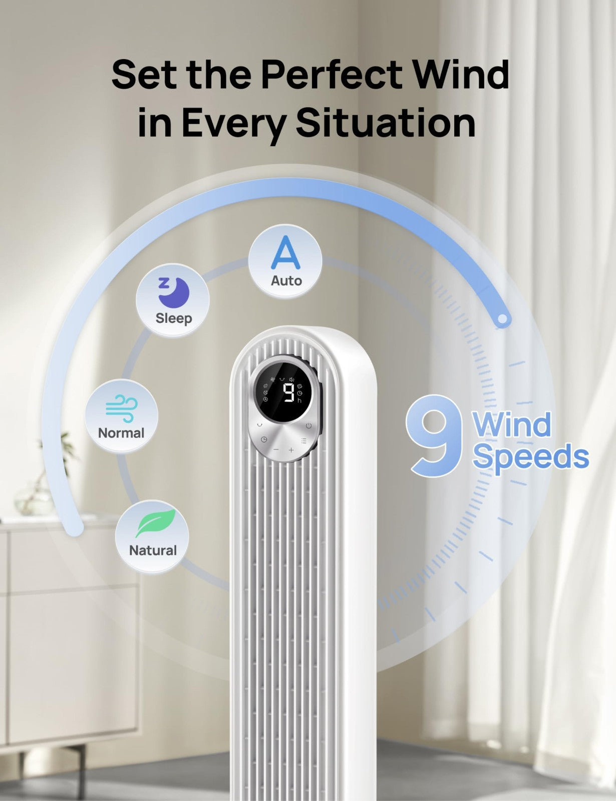 Quiet 42" Tower Fan   High Velocity 28ft/s, 9 Speeds, 4 Modes, 12H Timer, 90° Os4