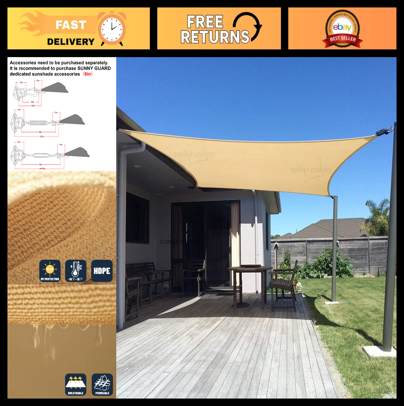 Rectangle Sun Shade Sail 10' x 13'   UV Block Outdoor Canopy for Patio, Deck, Ga0