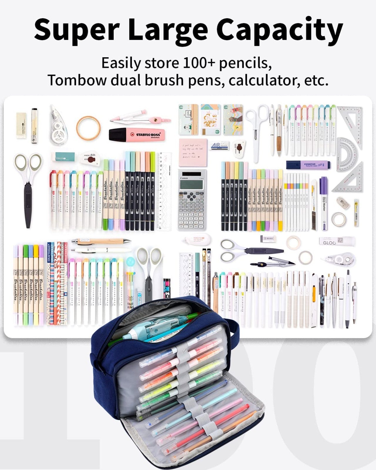Large Capacity Pencil Case Organizer   Canvas Pouch with Compartments & Handle,2