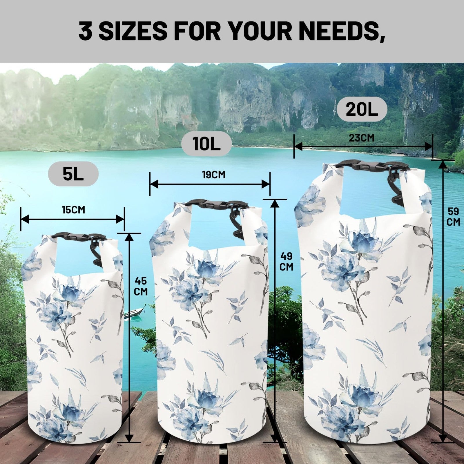 Waterproof Dry Bag - Blue Flower Design, Lightweight Floating Backpack for Kayak2