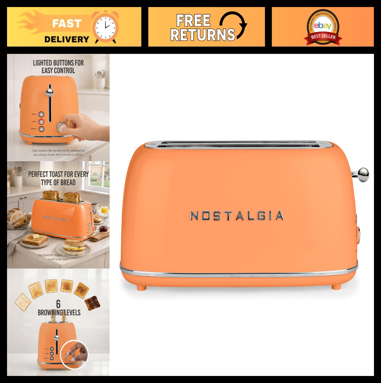 Vintage Retro 4 Slice Toaster   Enamel Coated Steel, Wide Slots, 6 Levels, Bagel0