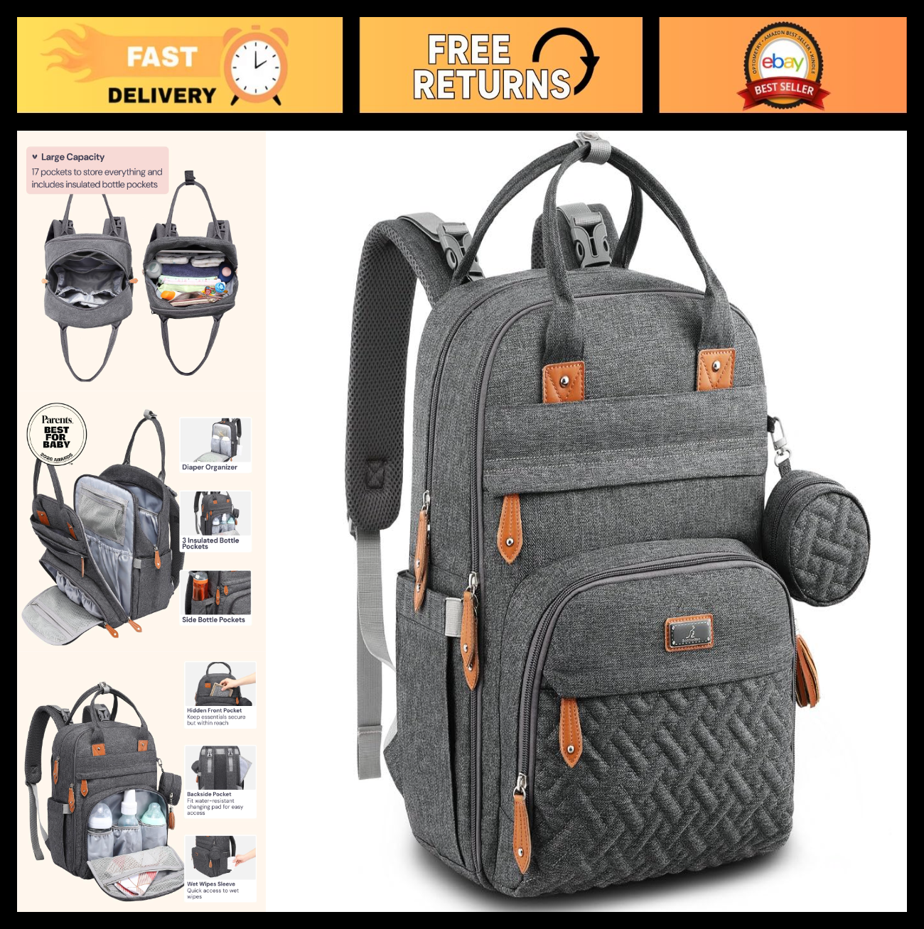 Multi Function Water Resistant Diaper Bag Backpack   Baby Travel Tote, Changing0