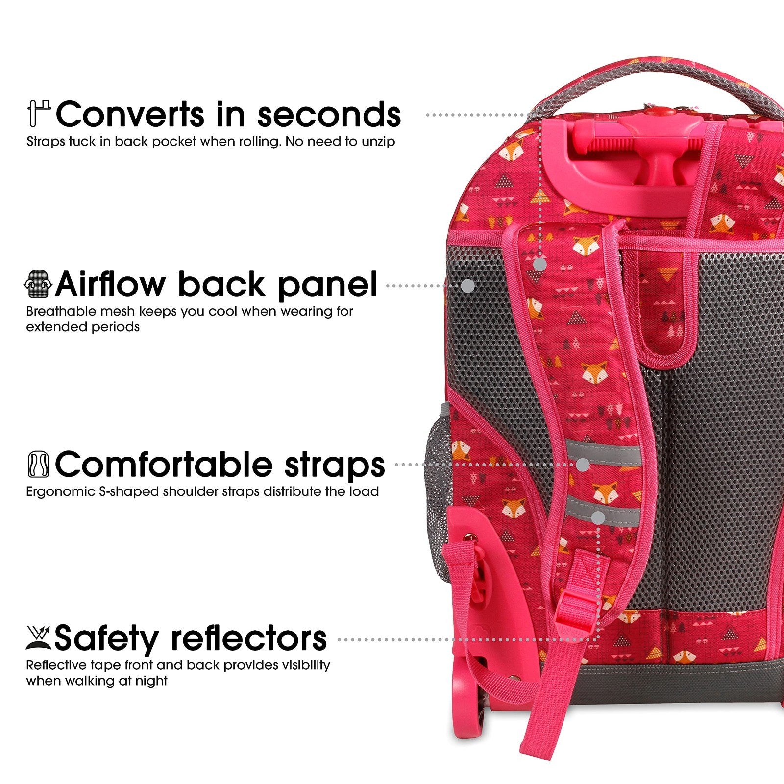 Kids Rolling Backpack with Wheels, 18" School Bookbag for Girls & Boys, Fox Desi5