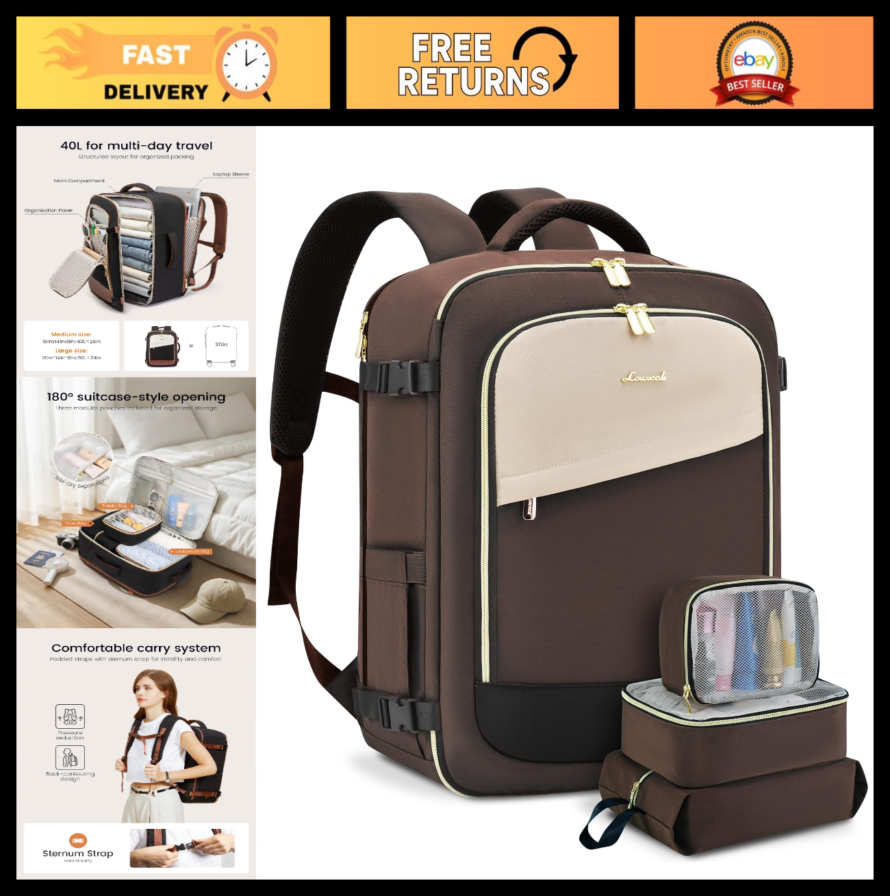 40L Travel Backpack for Women - TSA Approved Carry-On, Fits 17" Laptop, Waterpro0