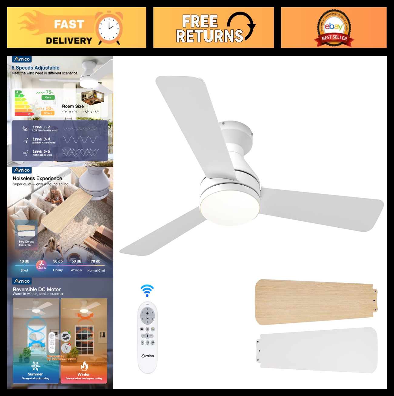 42" White Low Profile Ceiling Fan with Lights & Remote | Dimmable, Quiet DC Moto0