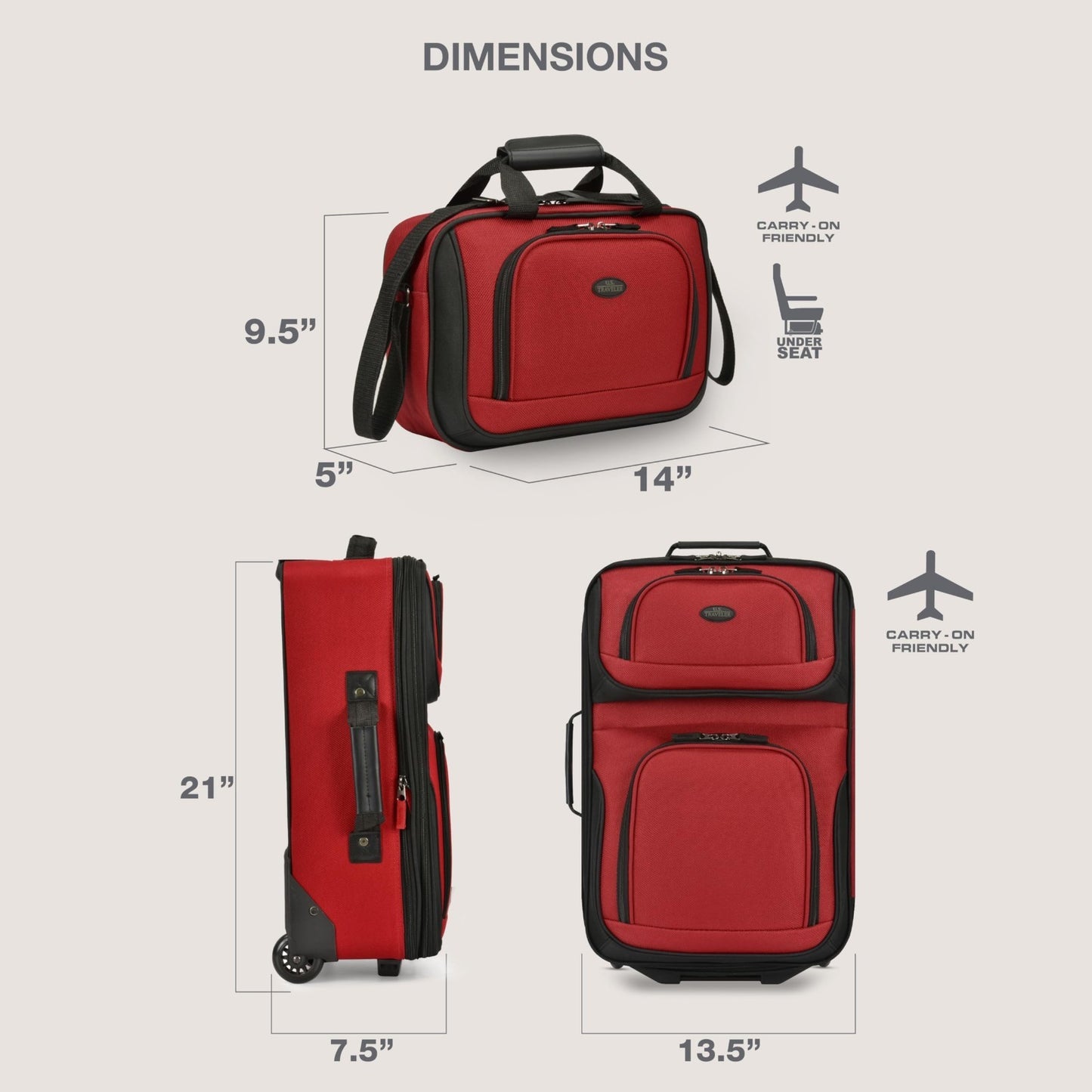 Lightweight Softside Rolling Carry-on Suitcase, 2-Wheel Travel Luggage Set, Red4