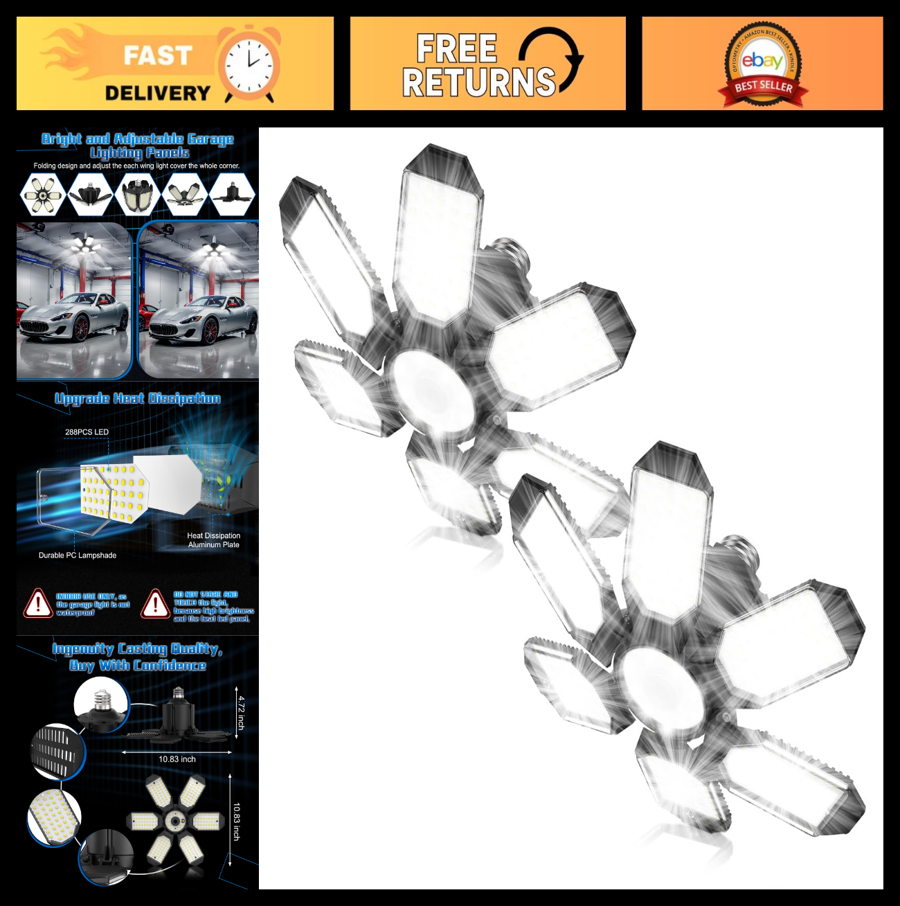 30000LM LED Garage Lights   6 Deformable Panels, 6500K Bright Shop Lighting, 2 P0