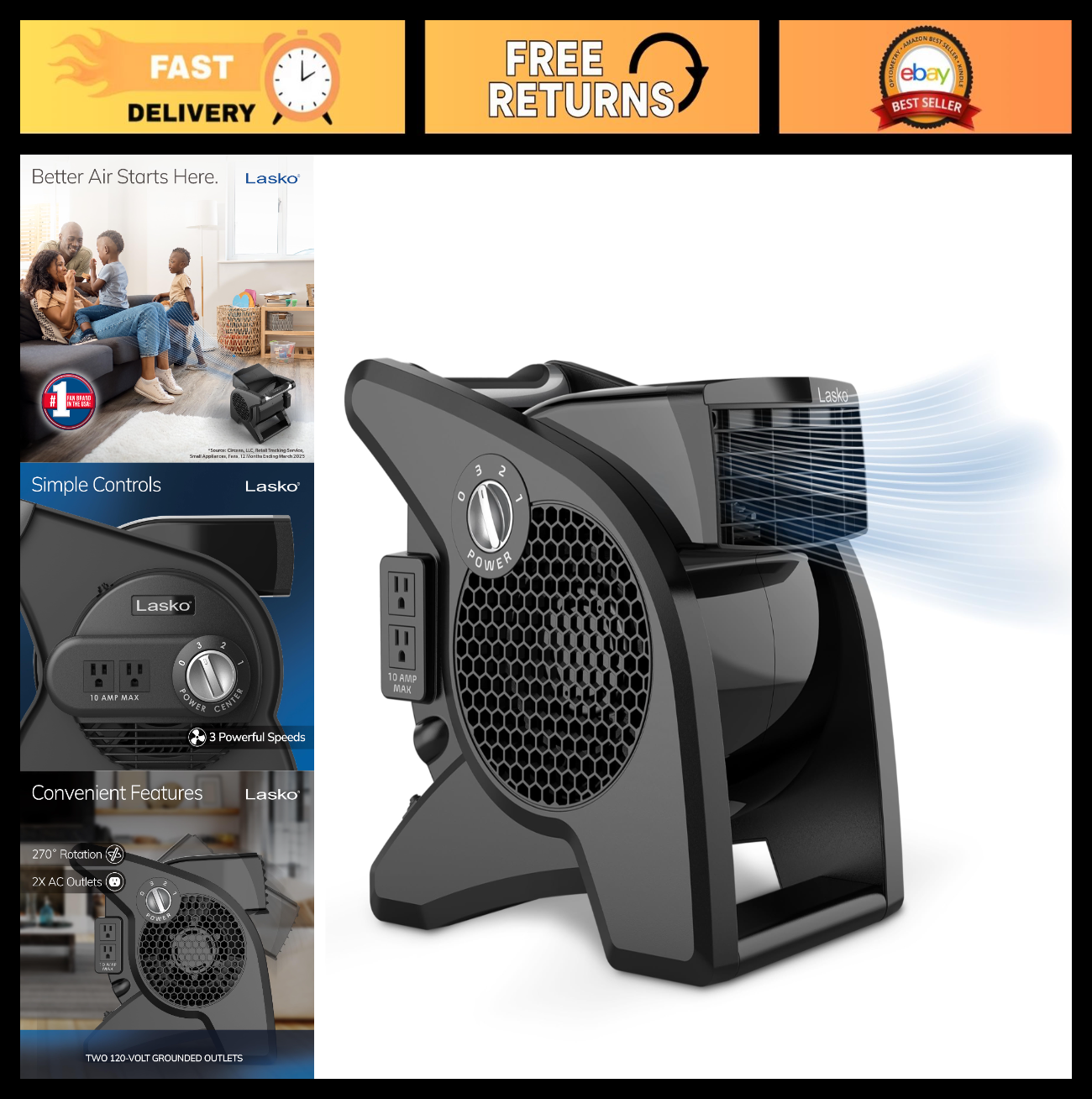 High Velocity 15" Blower Fan, 375 CFM, 3 Speed Pivoting Utility Fan, 120V, Black0