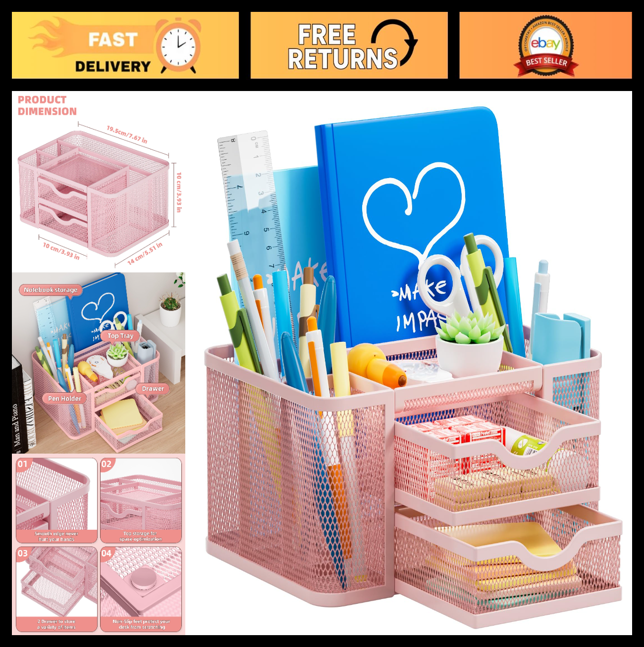 Multi Functional Mesh Desk Organizer with 2 Drawers, 5 Compartments   Pink Penci0