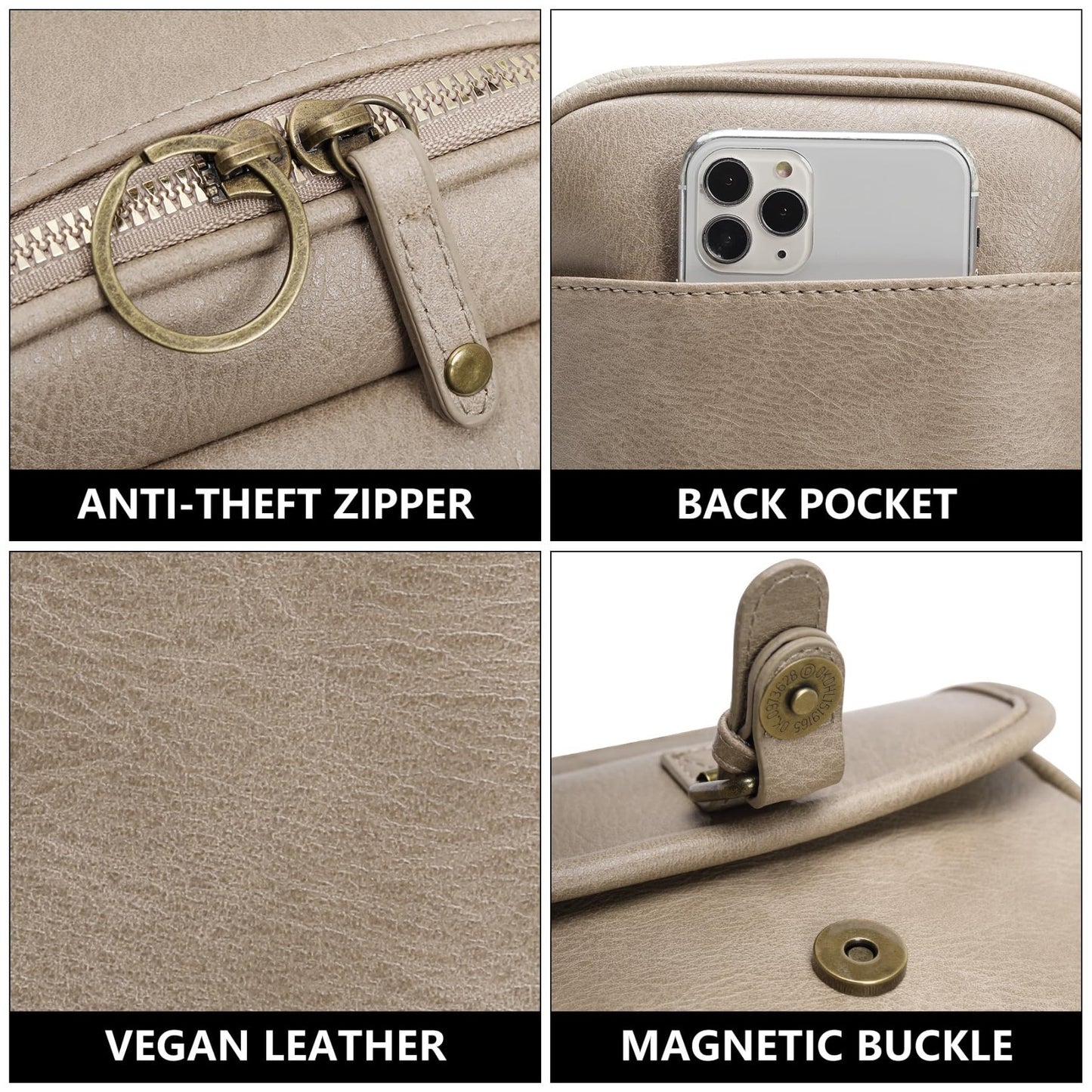 Vegan Leather Crossbody Bag for Women - Vintage Anti-Theft Messenger Purse with3