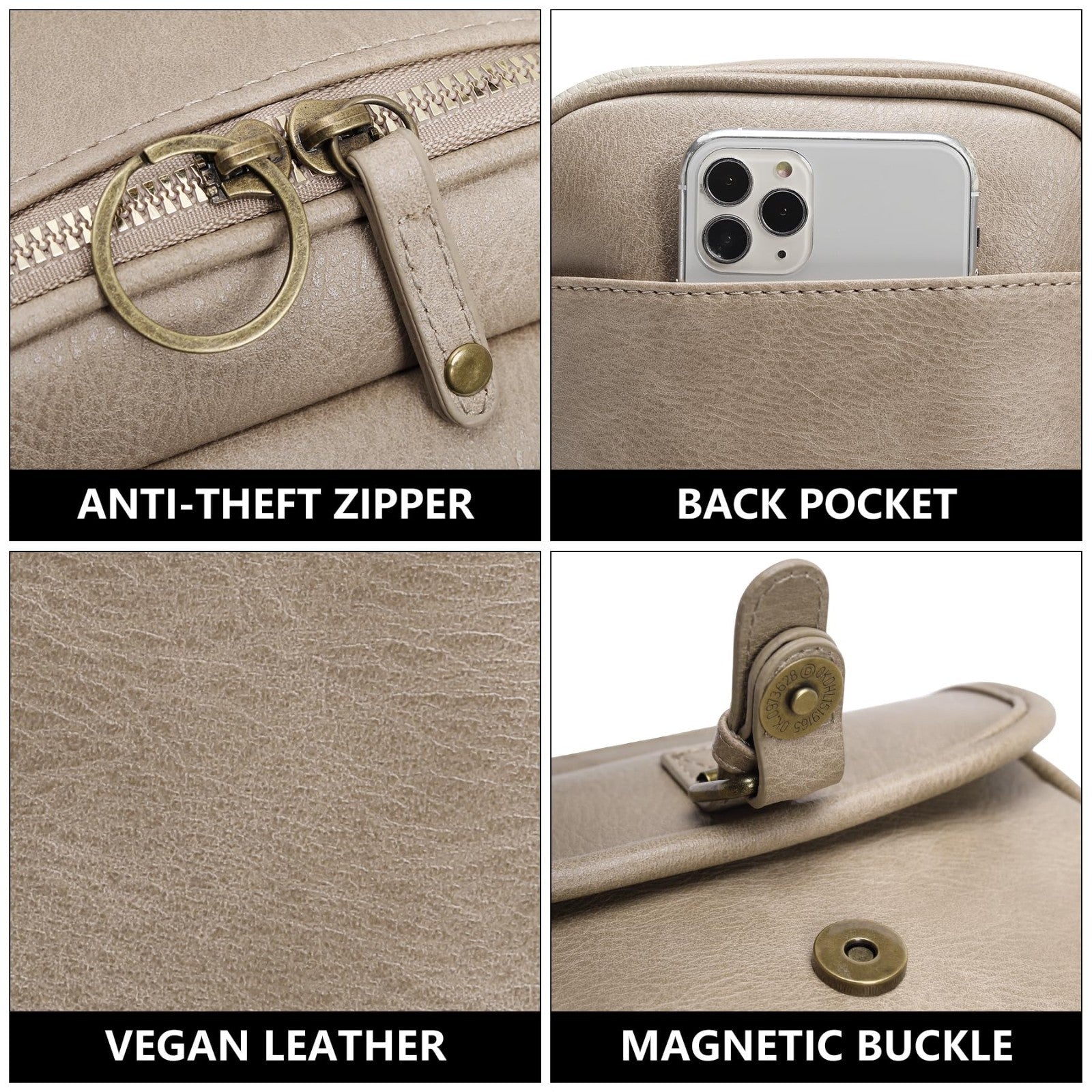 Vegan Leather Crossbody Bag for Women - Vintage Anti-Theft Messenger Purse with3