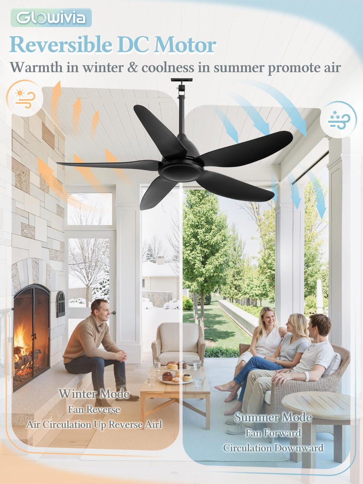 46" Waterproof Outdoor Ceiling Fan, Remote & APP Control, 6 Speeds, Reversible D2