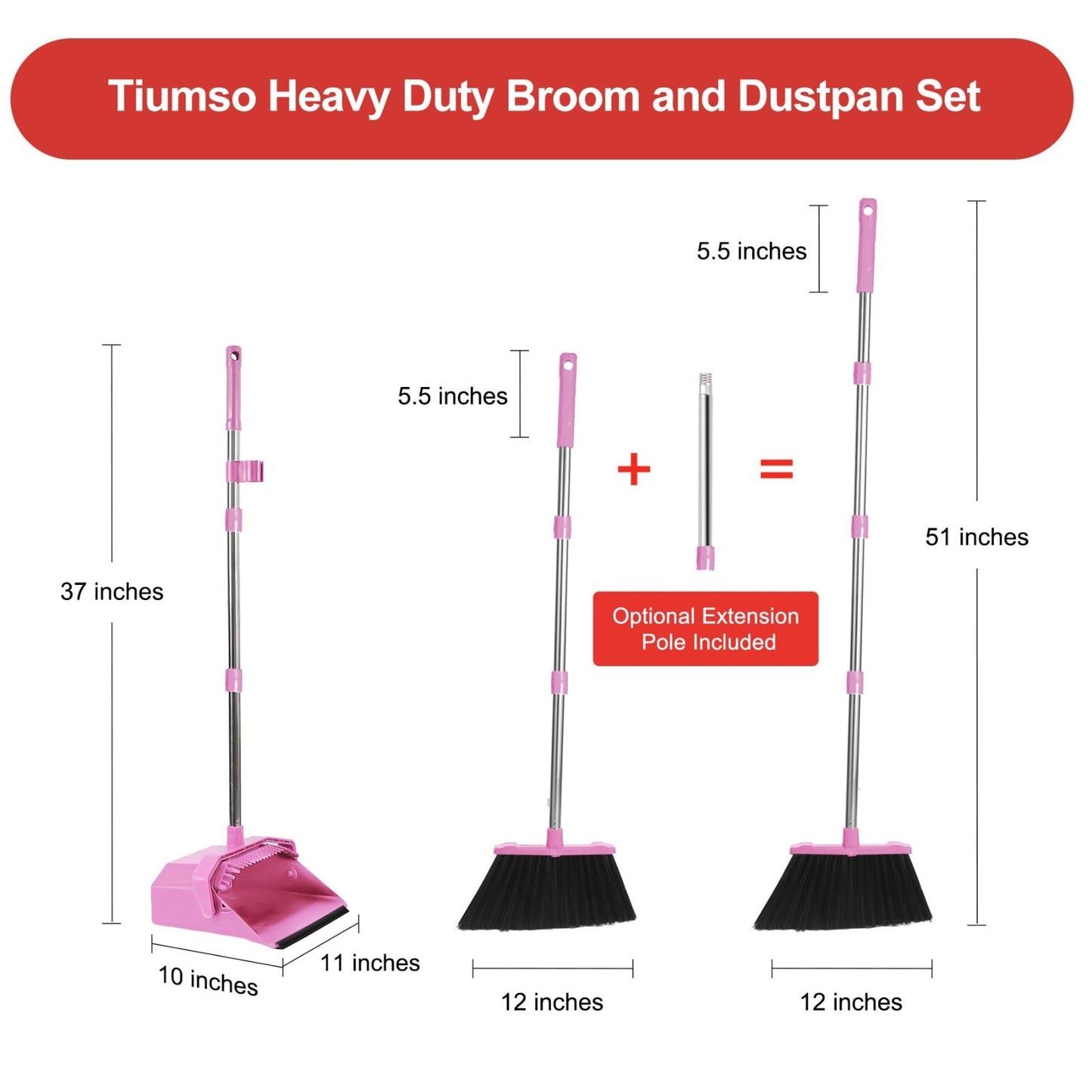 51'' Broom & Dustpan Set - Standing Broom for Pet Hair & Floor Cleaning - Pink2
