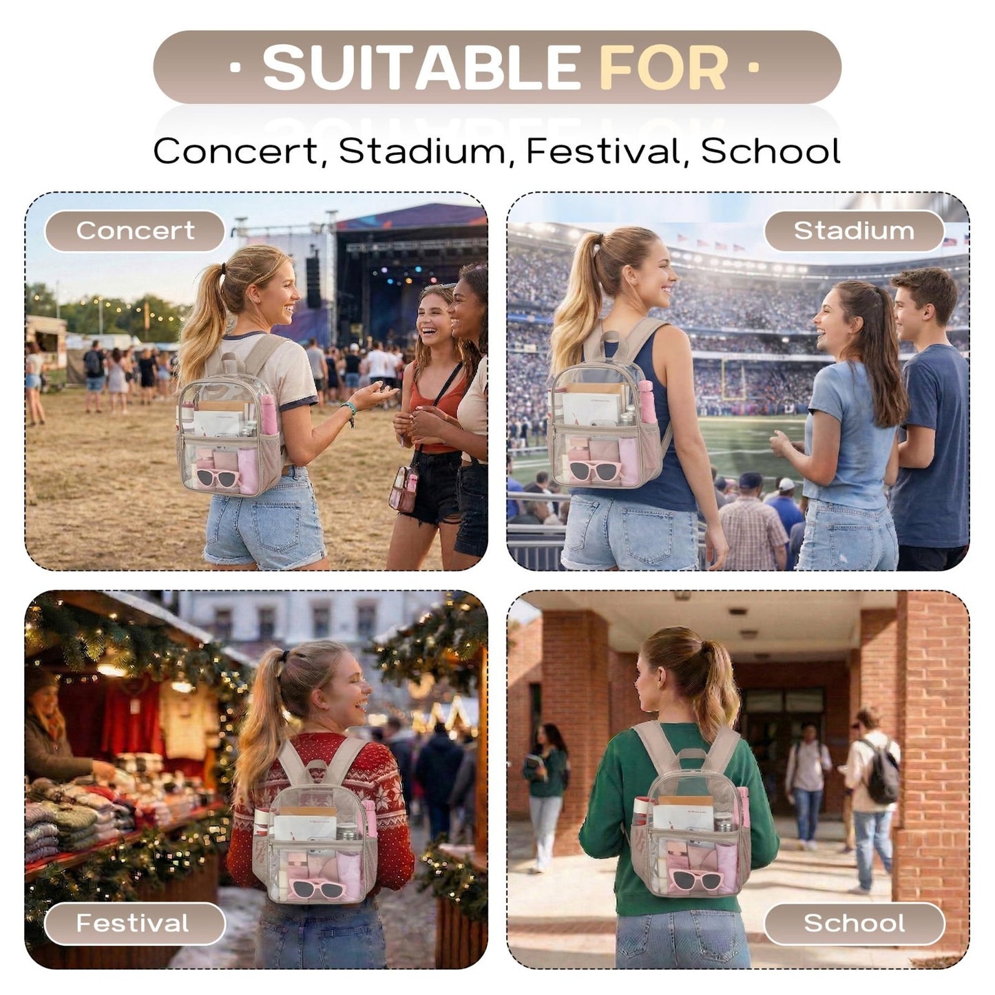 Clear Stadium Backpack, Transparent Bag for Concerts & Sports, Waterproof PVC, A5