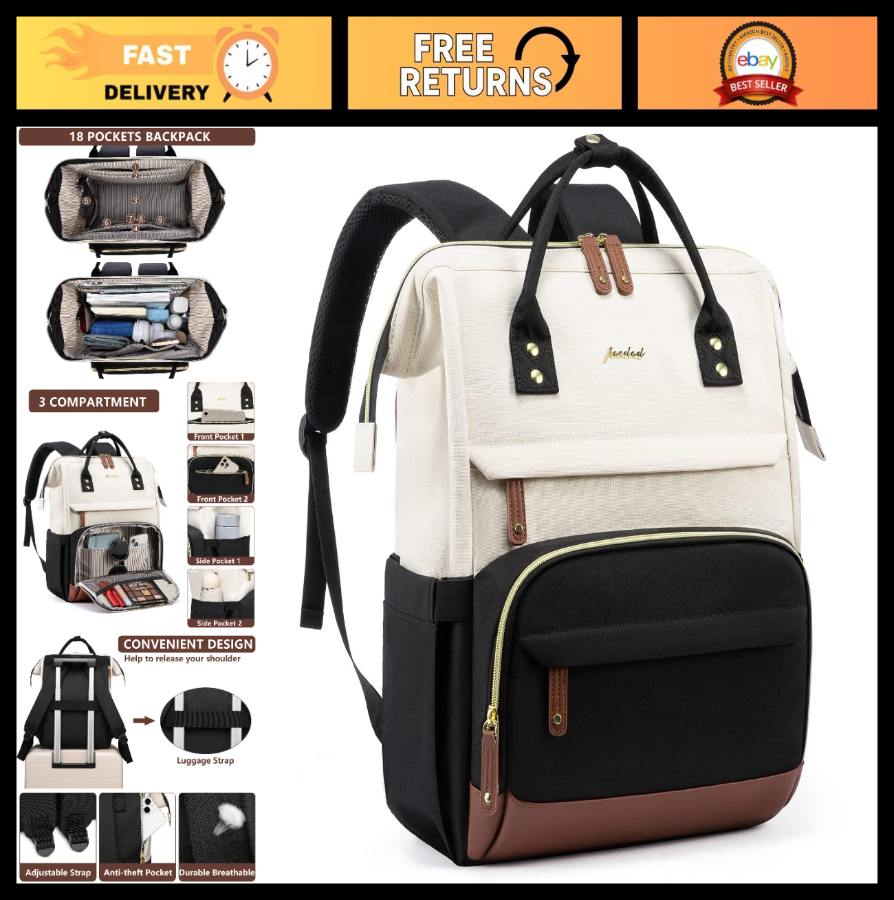 Stylish 18" Laptop Backpack for Women   Anti Theft Travel Bag with USB Port, Dur0