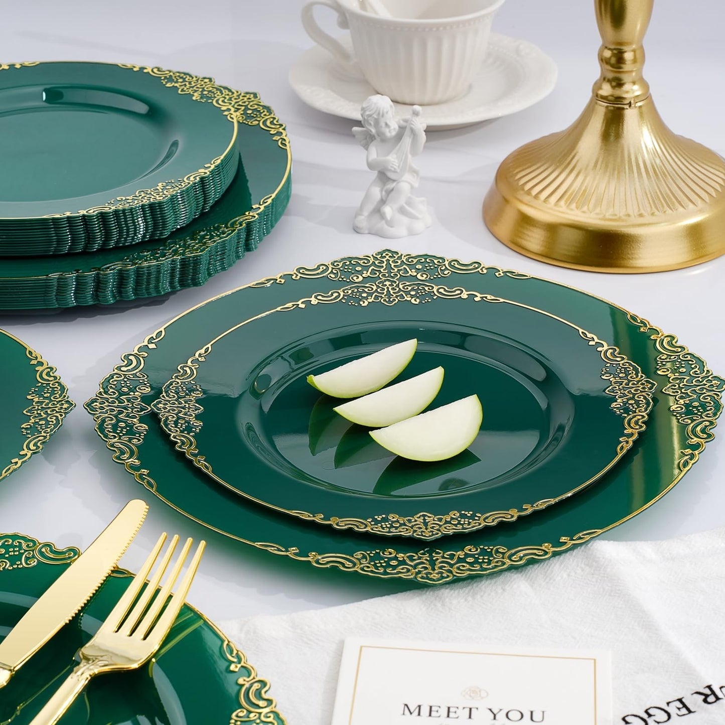 350-Piece Green & Gold Disposable Dinnerware Set for 50 Guests | Plates, Silverw2