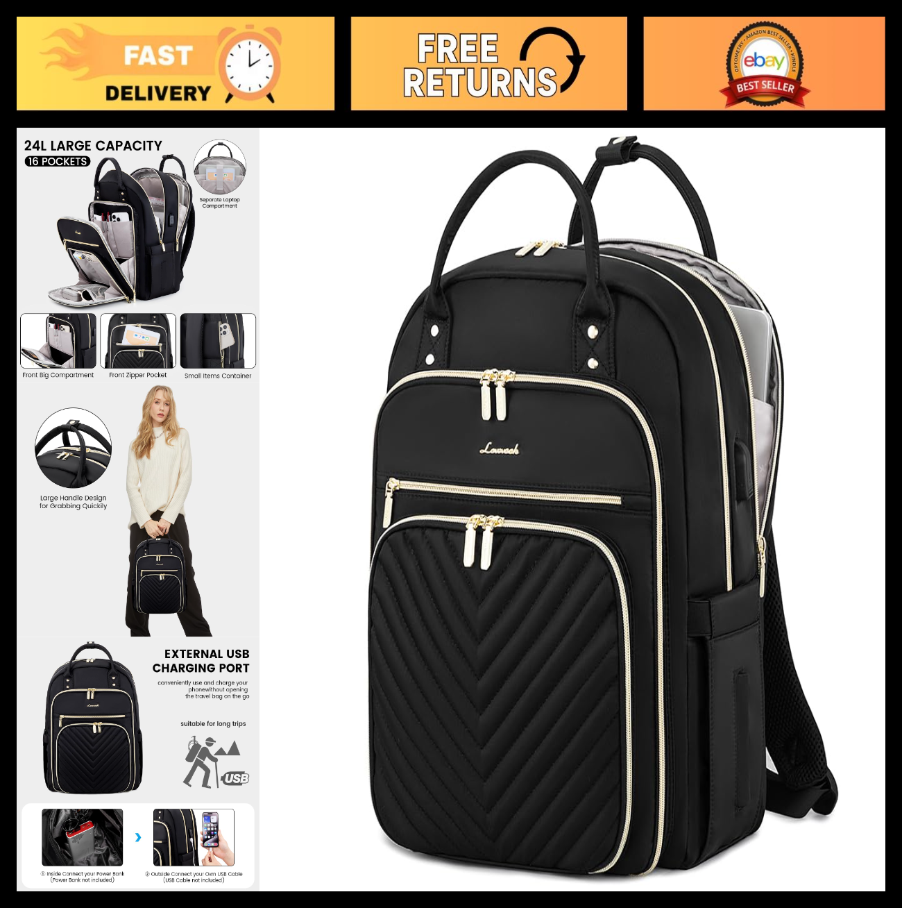 Stylish Water Resistant Laptop Backpack for Women, Travel Work Bag with USB Port0