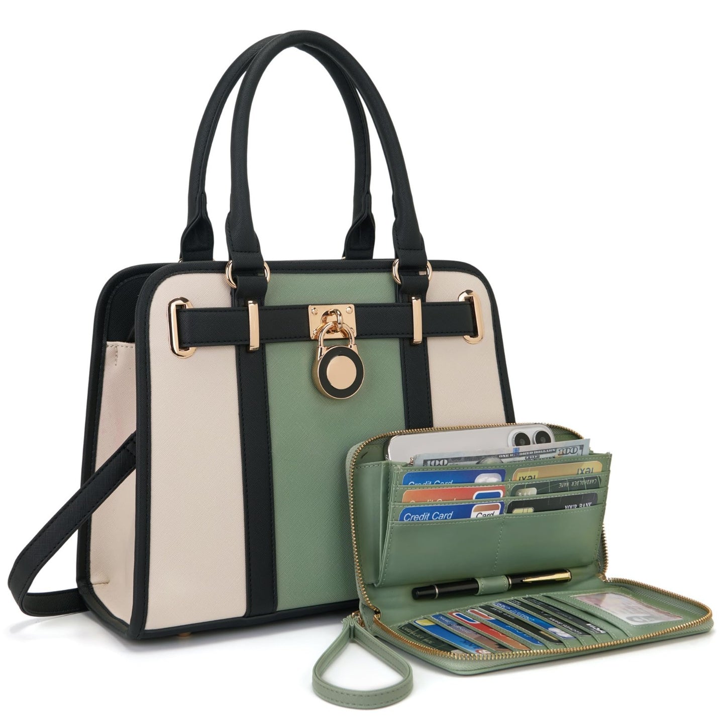 Stylish Women's Structured Satchel Tote Handbag Set with RFID Wallet - Fashion P1