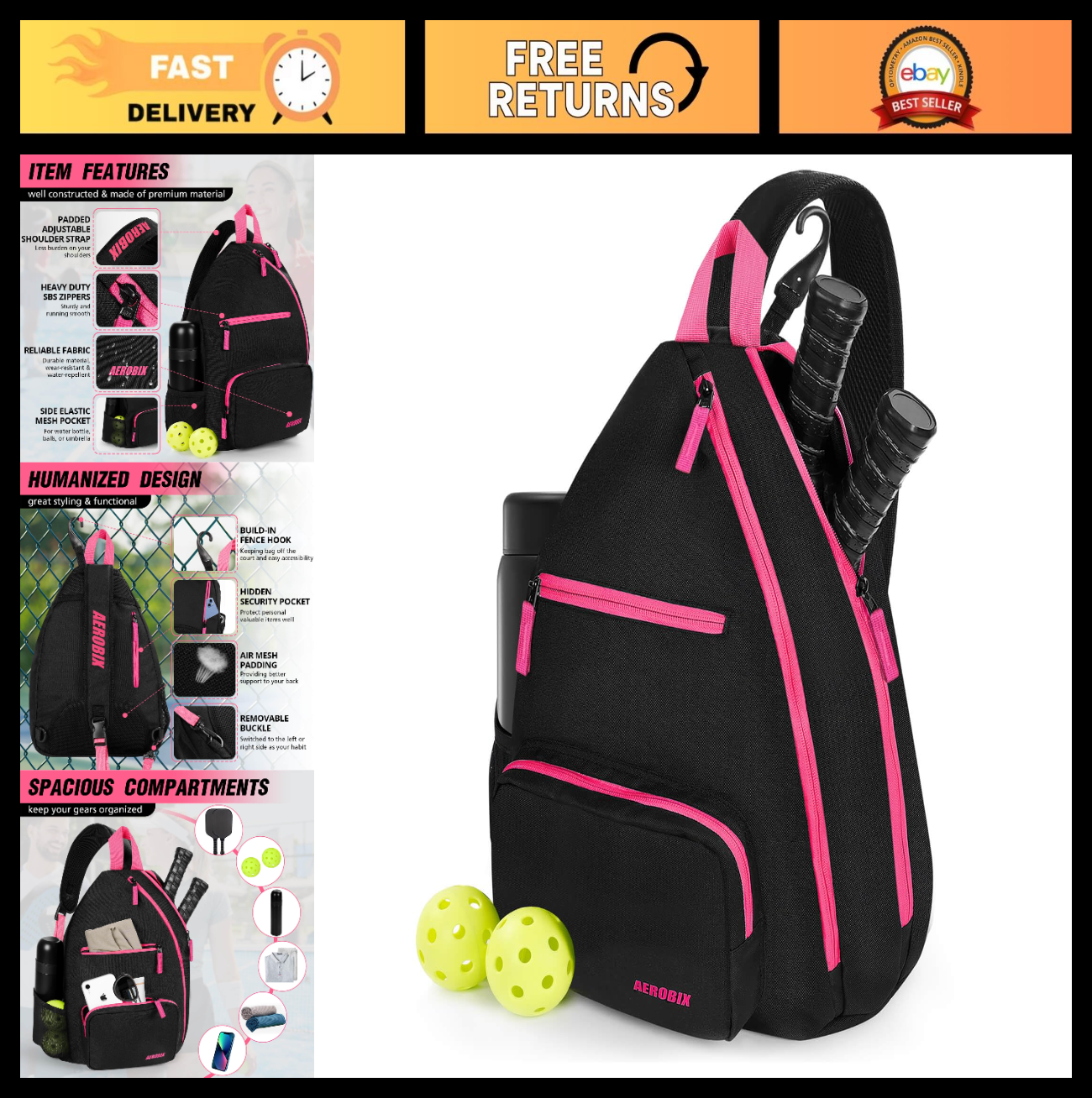 Large Capacity Pickleball Backpack - Padded Paddle Pocket, Adjustable Sling Bag0