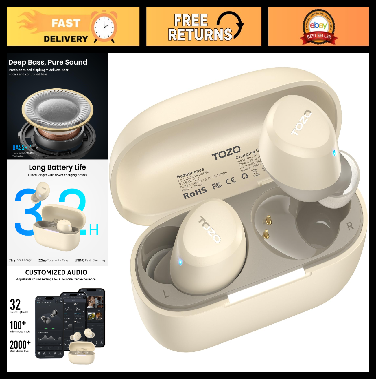 Wireless Earbuds Bluetooth 5.3   Lightweight, IPX5 Waterproof, AI Call Mics, Pre0
