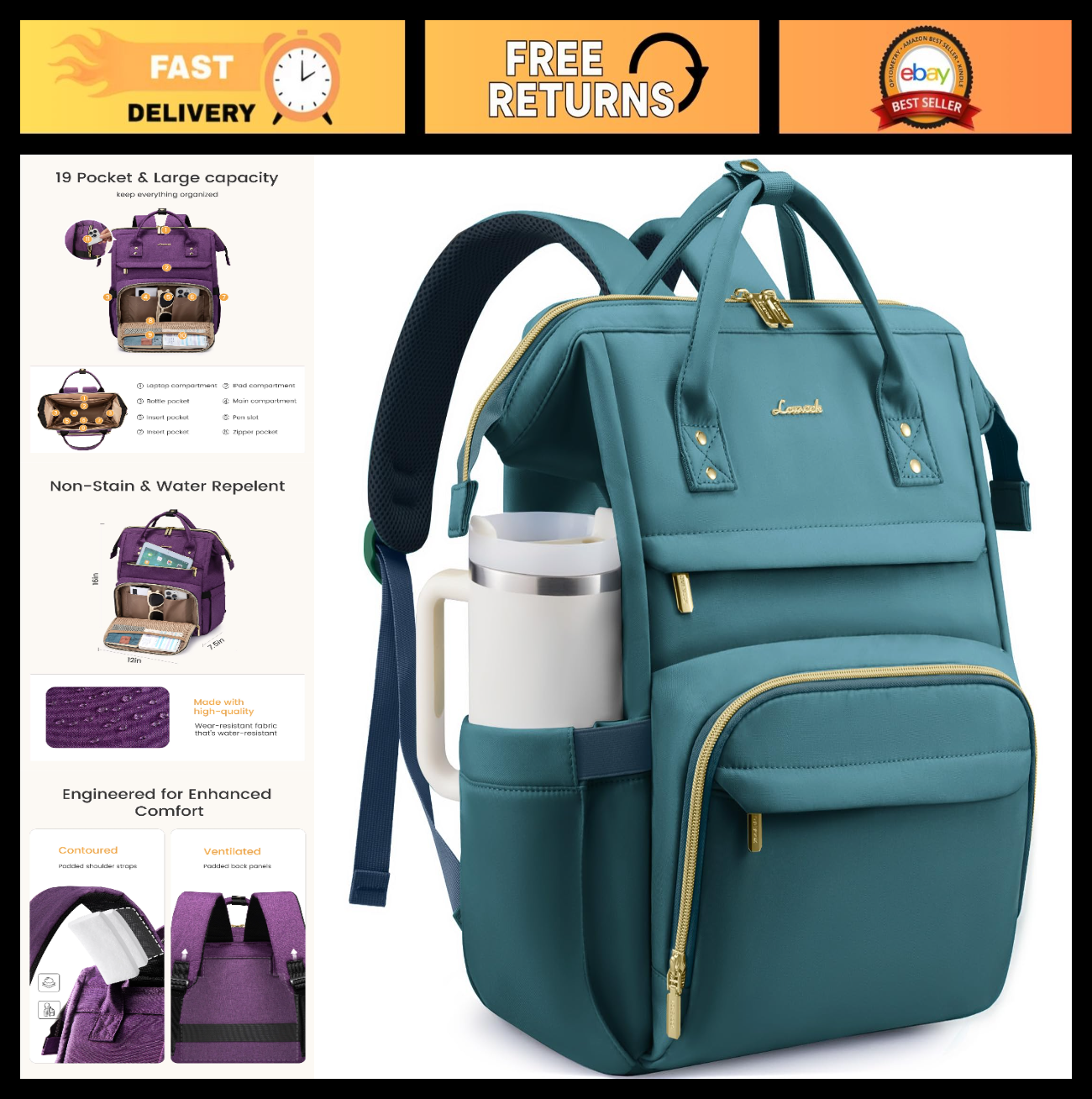 Stylish 15.6" Waterproof Laptop Backpack with Cup Holder   Travel & Work Bag0