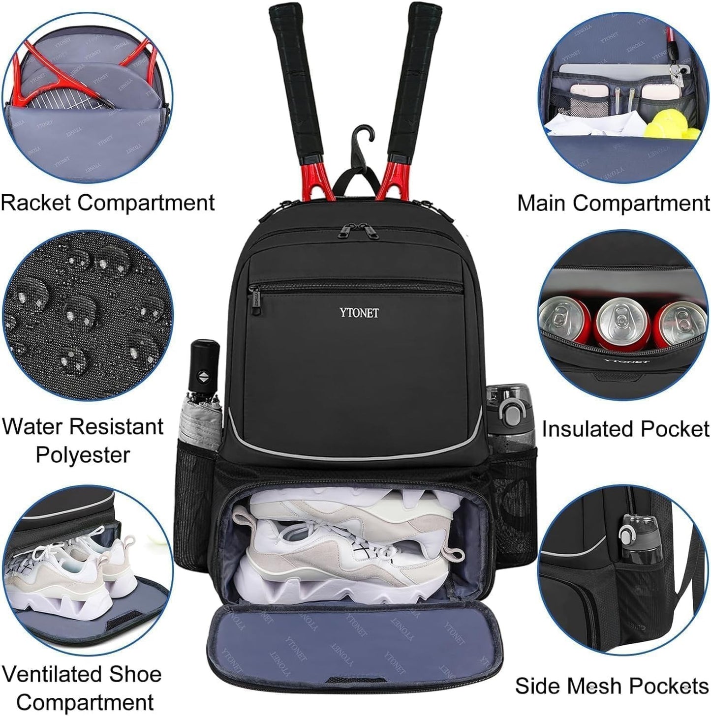 Insulated Tennis Backpack for 2 Rackets, Ventilated Shoe Compartment, Unisex3