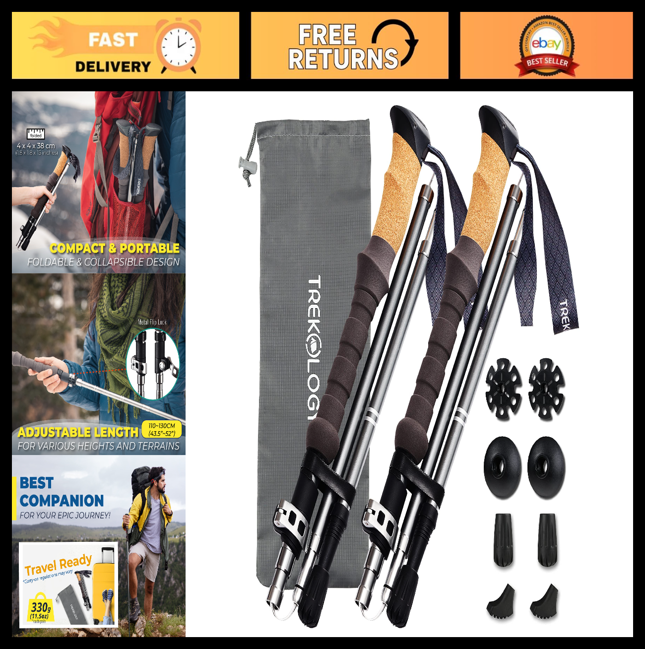 Lightweight Adjustable Trekking Poles with Cork Grip – Compact Hiking Sticks for0
