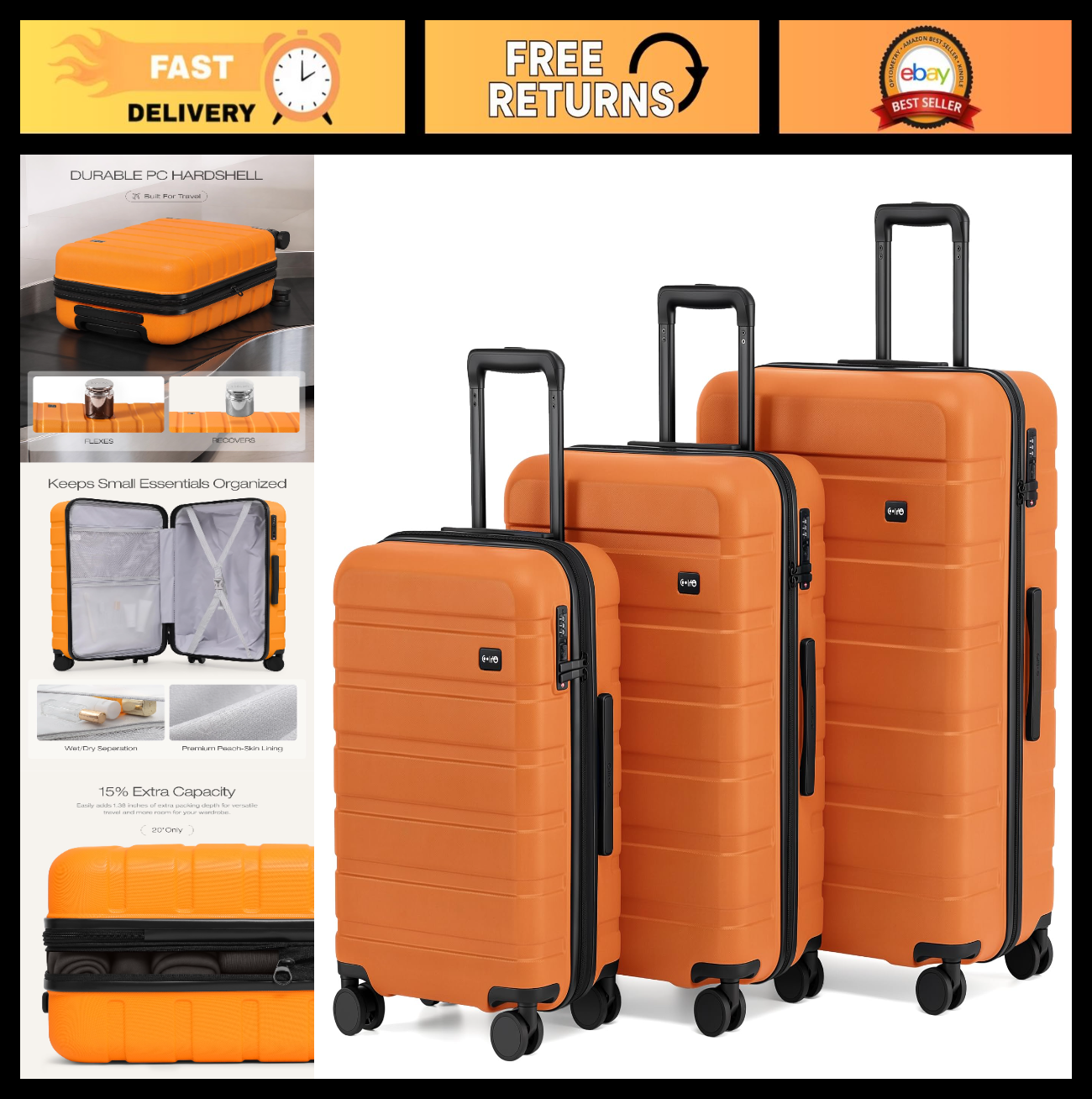 Lightweight 3-Piece Hardshell Luggage Set, Expandable, 360° Spinner Wheels, TSA0