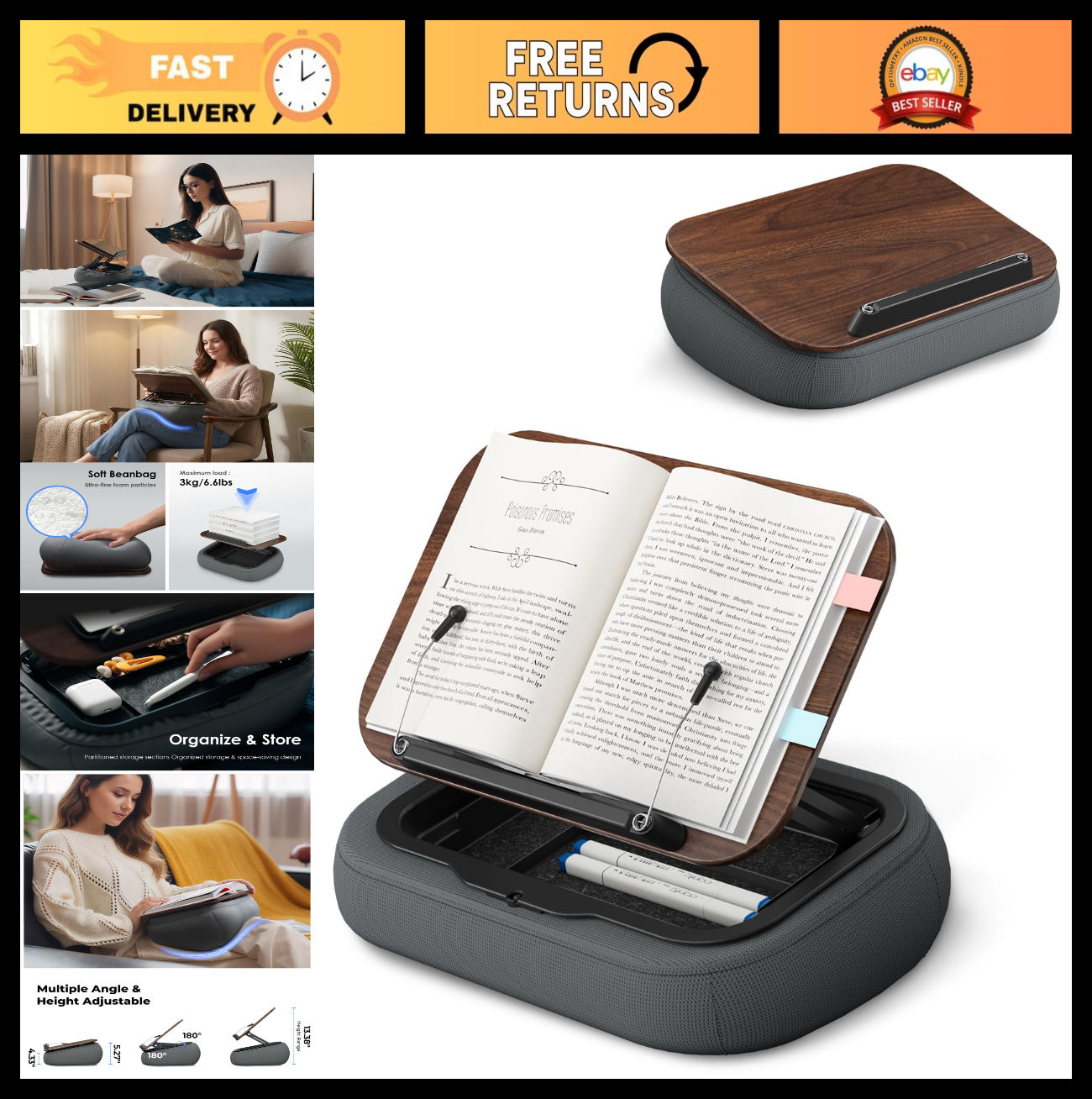 Adjustable Lap Pillow Stand with Storage, Multi-Angle Book Holder for Reading in0