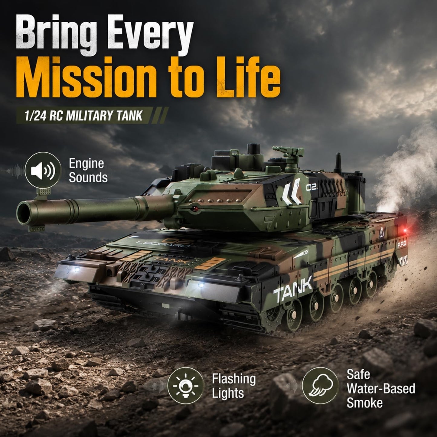1:24 Scale Remote Control Army Tank - 360° Turret, BB Shooting, All-Terrain Clim3