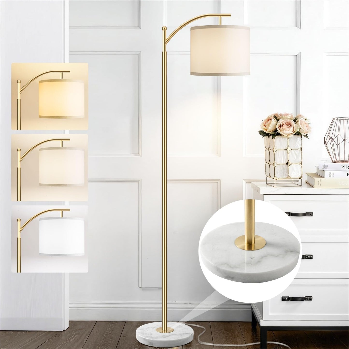 Modern Gold Floor Lamp with Marble Base, Adjustable Linen Shade, 3 Color Tempera1