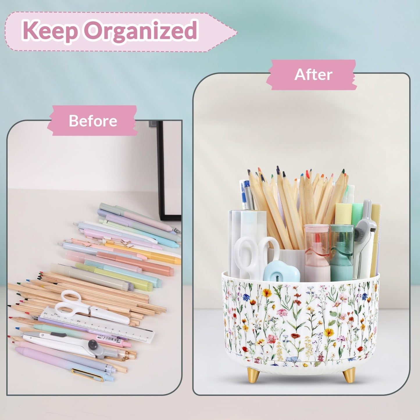360° Rotating Desk Organizer   Dual Purpose Pen Holder, 5 Slot Pencil Cup for Of3