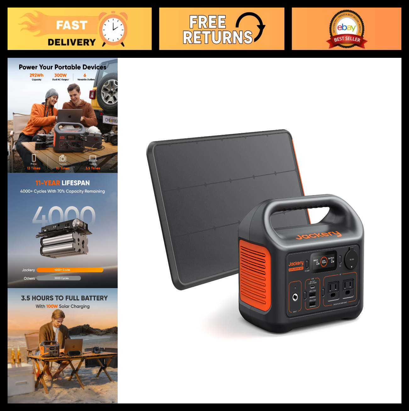 Portable Solar Generator 300W   292Wh LiFePO4 Battery & 100W Solar Panel for RV,0