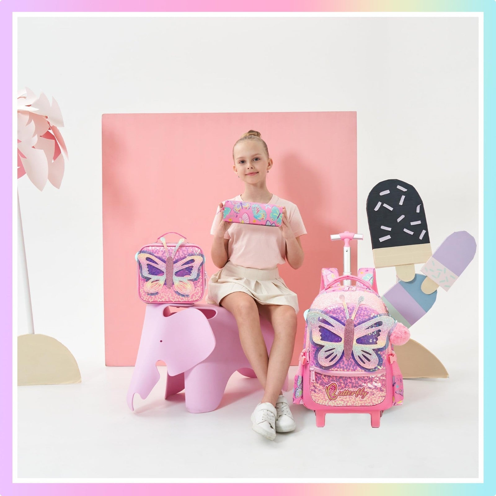 Rolling Backpack for Girls   3 in 1 Wheeled Luggage, Kids Suitcase & Lunch Box  2