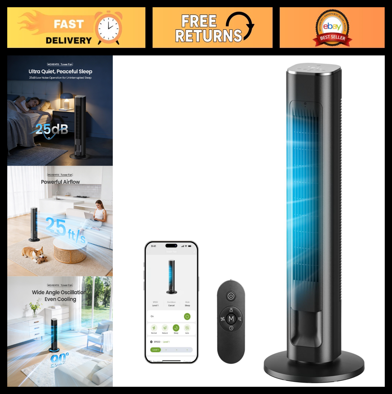 Smart Tower Fan with Remote Control, WiFi/App/Voice, 36 Inch, Ultra Quiet 25dB,0