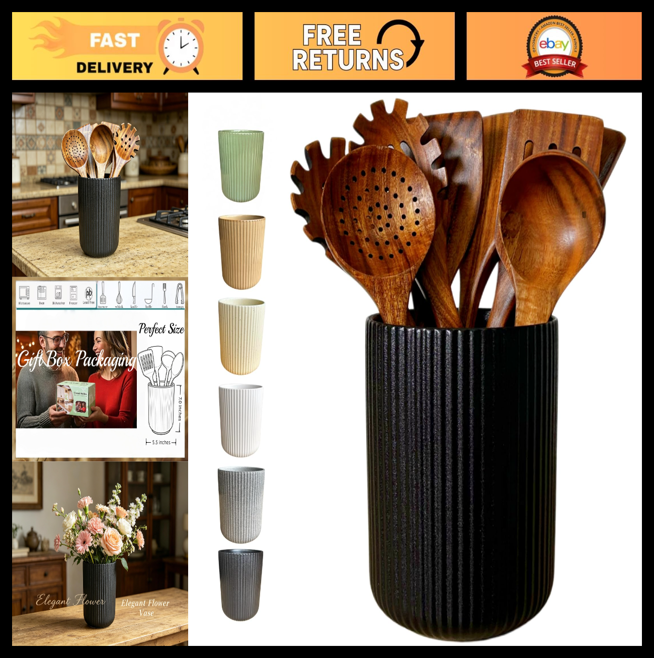 Large Stoneware Utensil Holder for Kitchen Counter - Spatula Crock, Matte Black0
