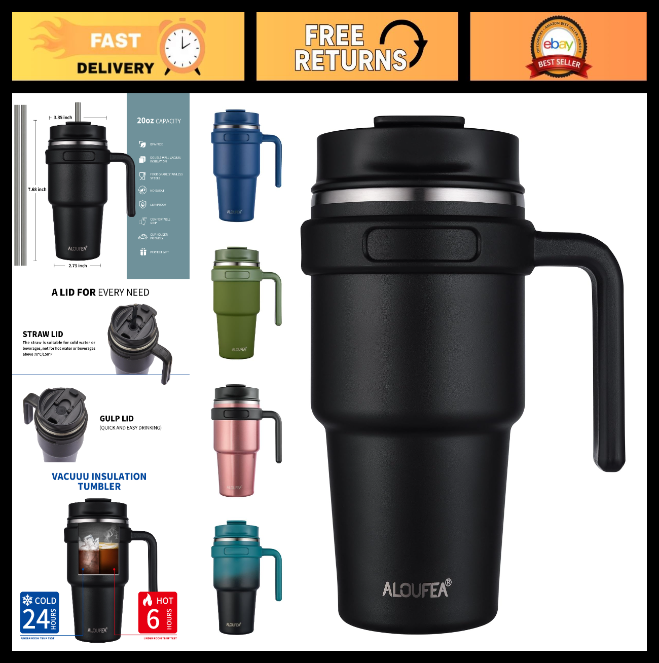 Insulated 20 oz Coffee Mug with Handle   Stainless Steel Travel Tumbler, Lid & S0