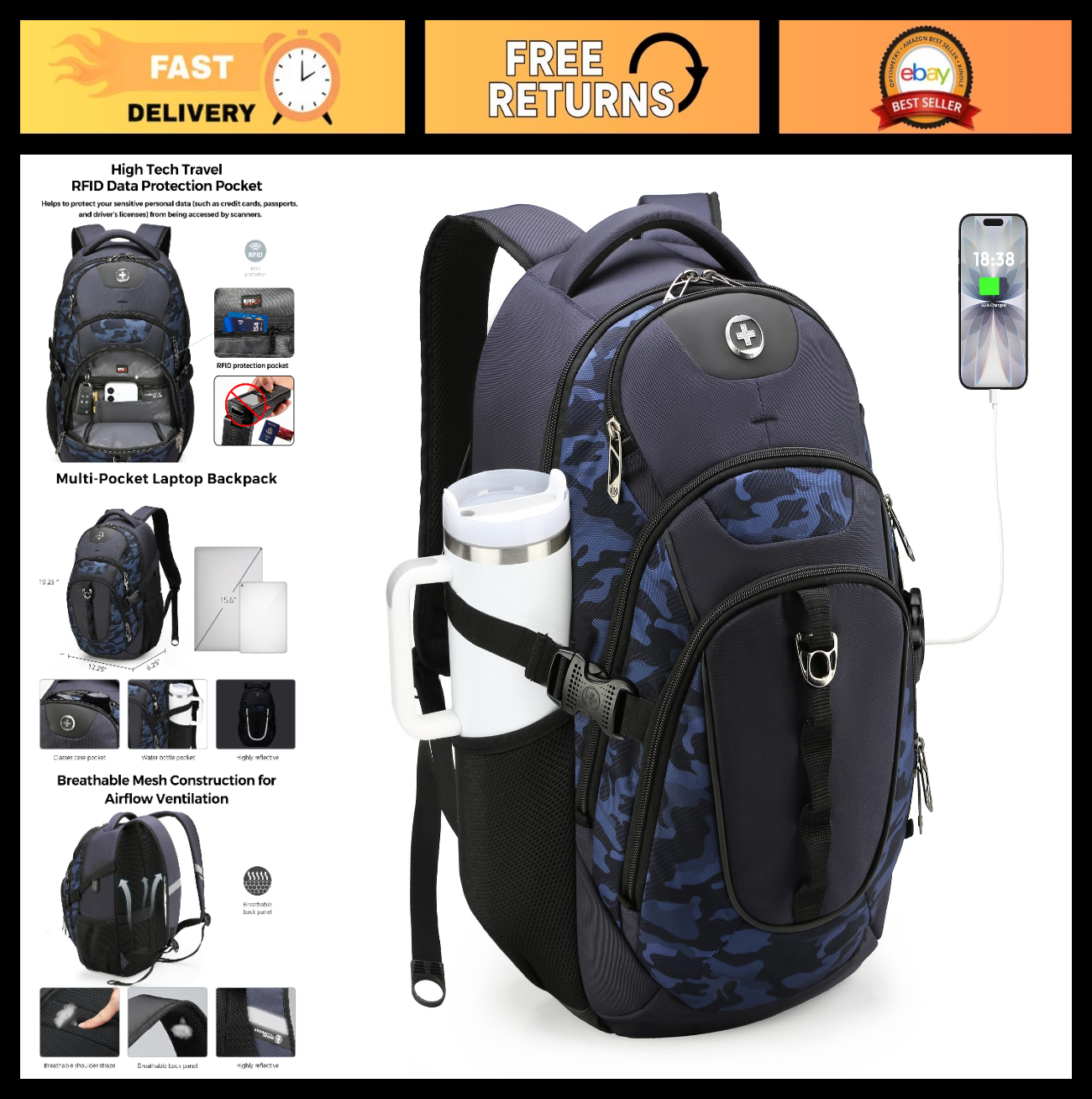 Travel Laptop Backpack with USB Charging Port, Fits 15.6" Computer, 31L, Blue Ca0