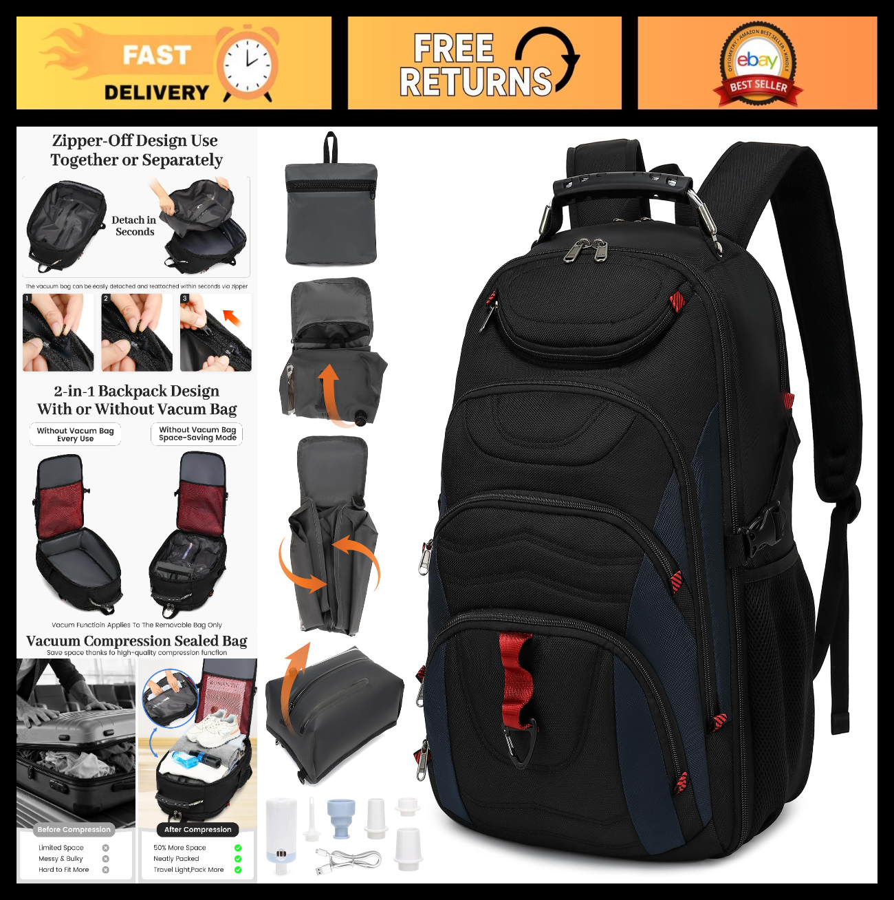 Large 55L Vacuum Seal Travel Backpack with Detachable Compression Bag, Waterproo0