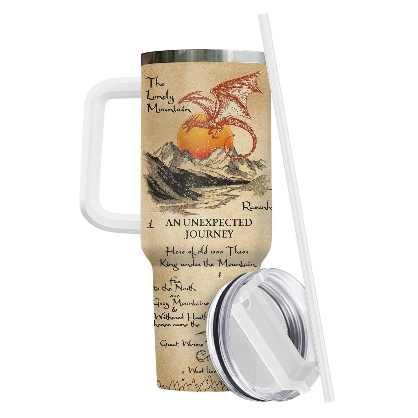 Fantasy Dragon Mountain Tumbler 40oz with Handle & Straw   Insulated Travel Mug4